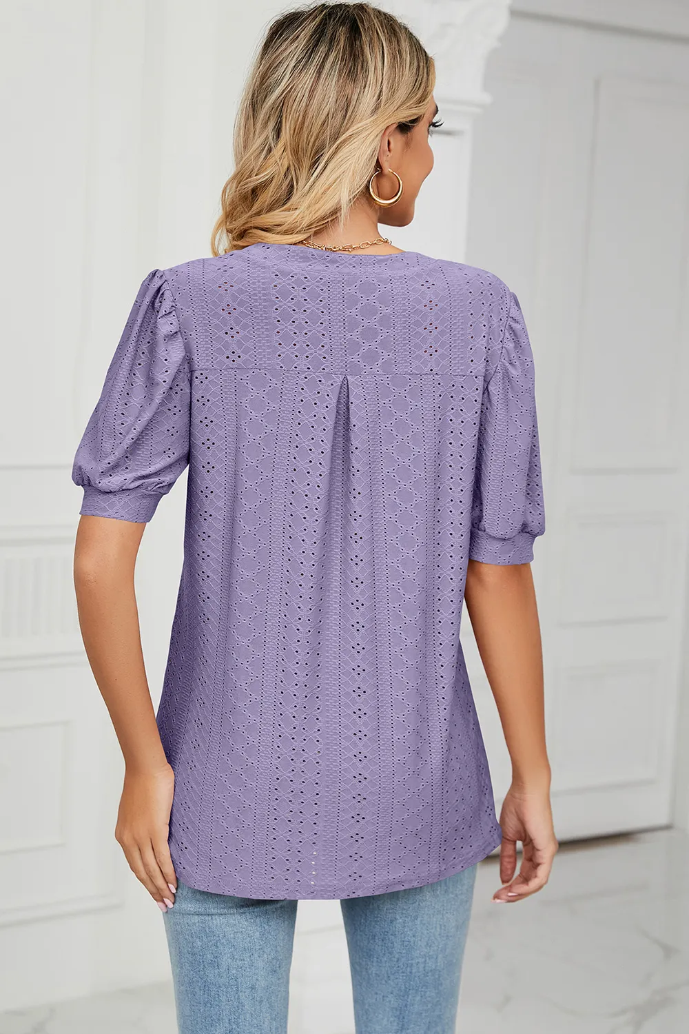 Eyelet Notched Short Sleeve T-Shirt, image 36