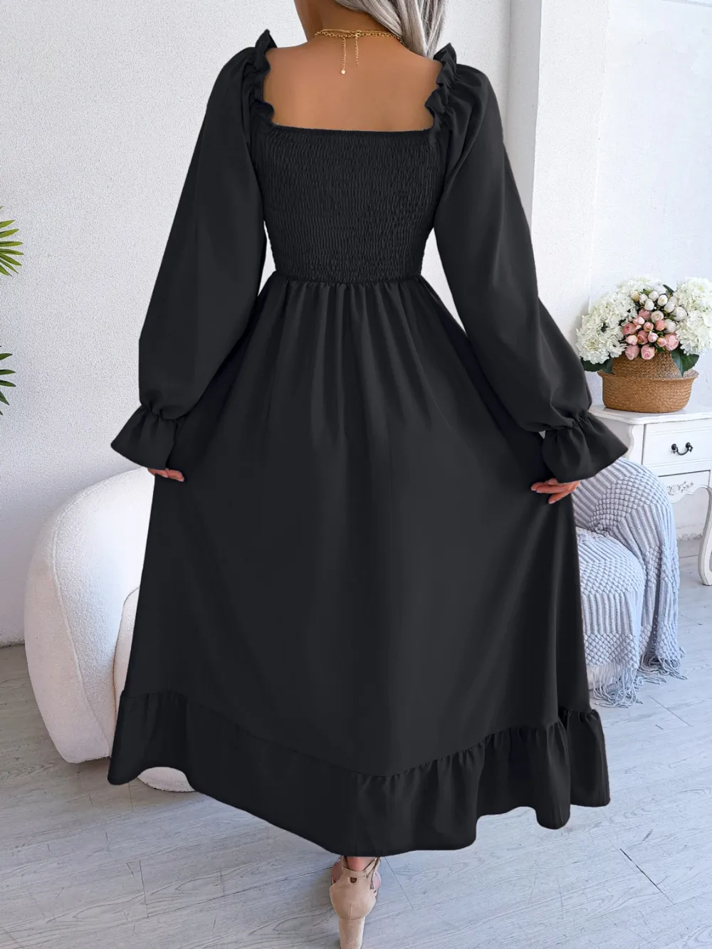 Smocked Square Neck Flounce Sleeve Dress, image 8