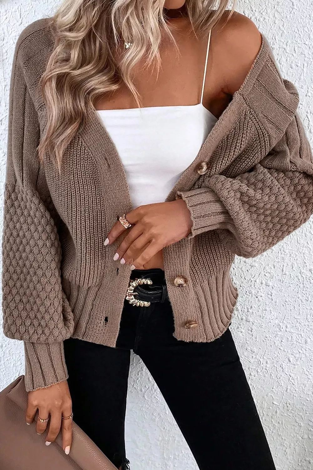 Mixed Texture Knit Button V Neck Sweater Cardigan, image 4