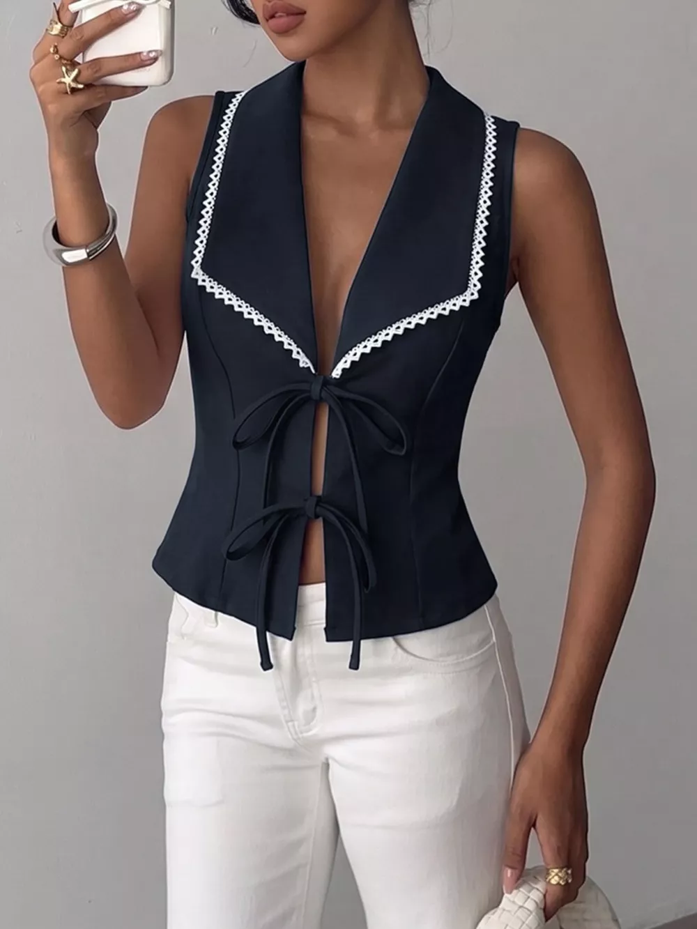 Lace Trim Tie-Front Vest, image 3