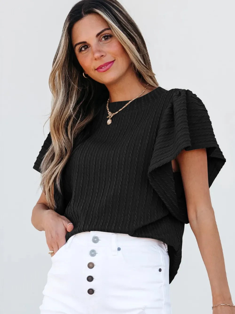 Round Neck Ruffle Sleeve Top, image 7