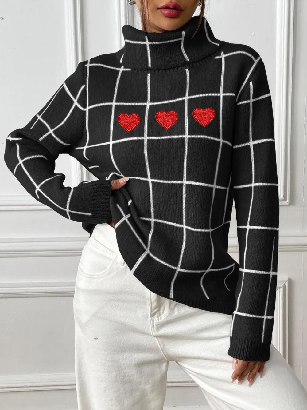 Heart Plaid Turtleneck Long Sleeve Sweater, image 7