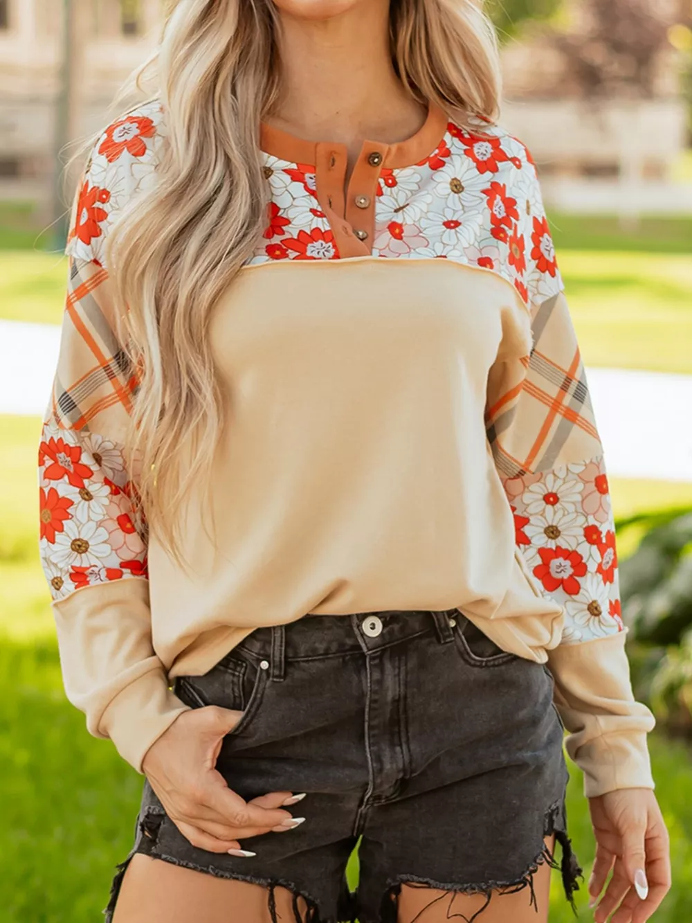 Floral Plaid Patchwork Casual Top, image 2