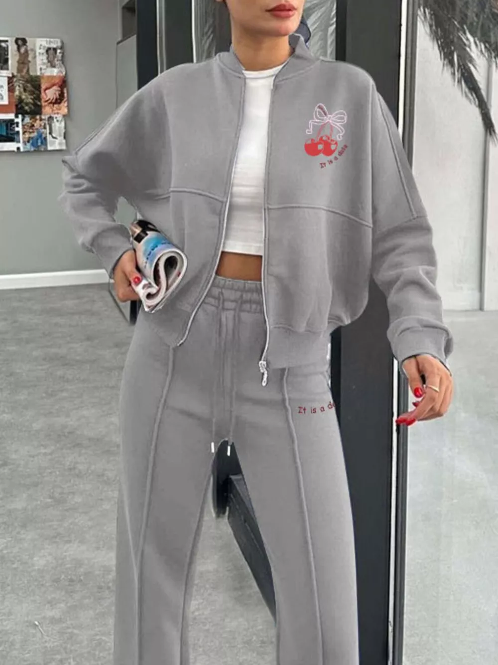 Zip Up Dropped Shoulder Outerwear and Pants Set, image 26