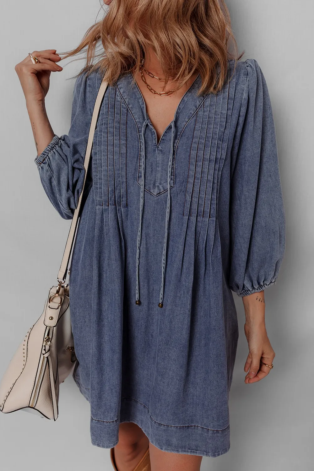 Tie Neck Long Sleeve Mini Denim Dress, image 5