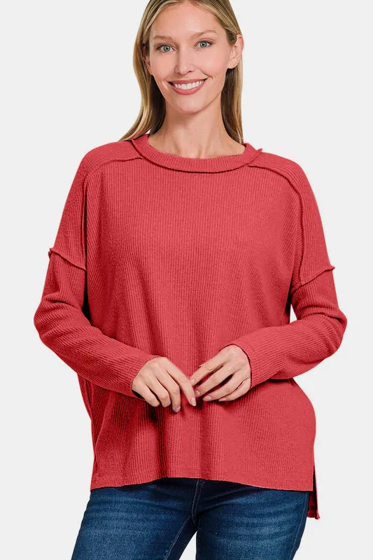 Full Size Exposed Seam Brushed Round Neck Sweater, image 3