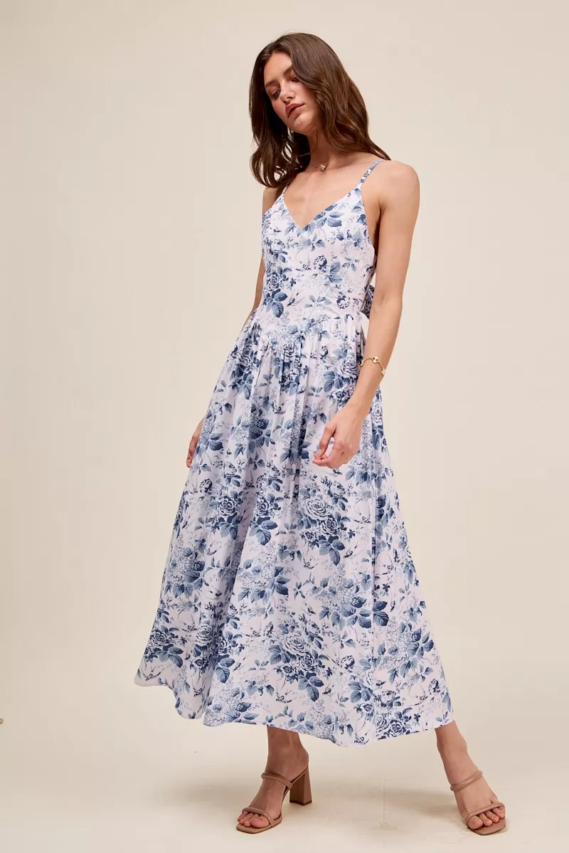 Floral Woven V Neck Dress With Back Ribbon Tie, image 2