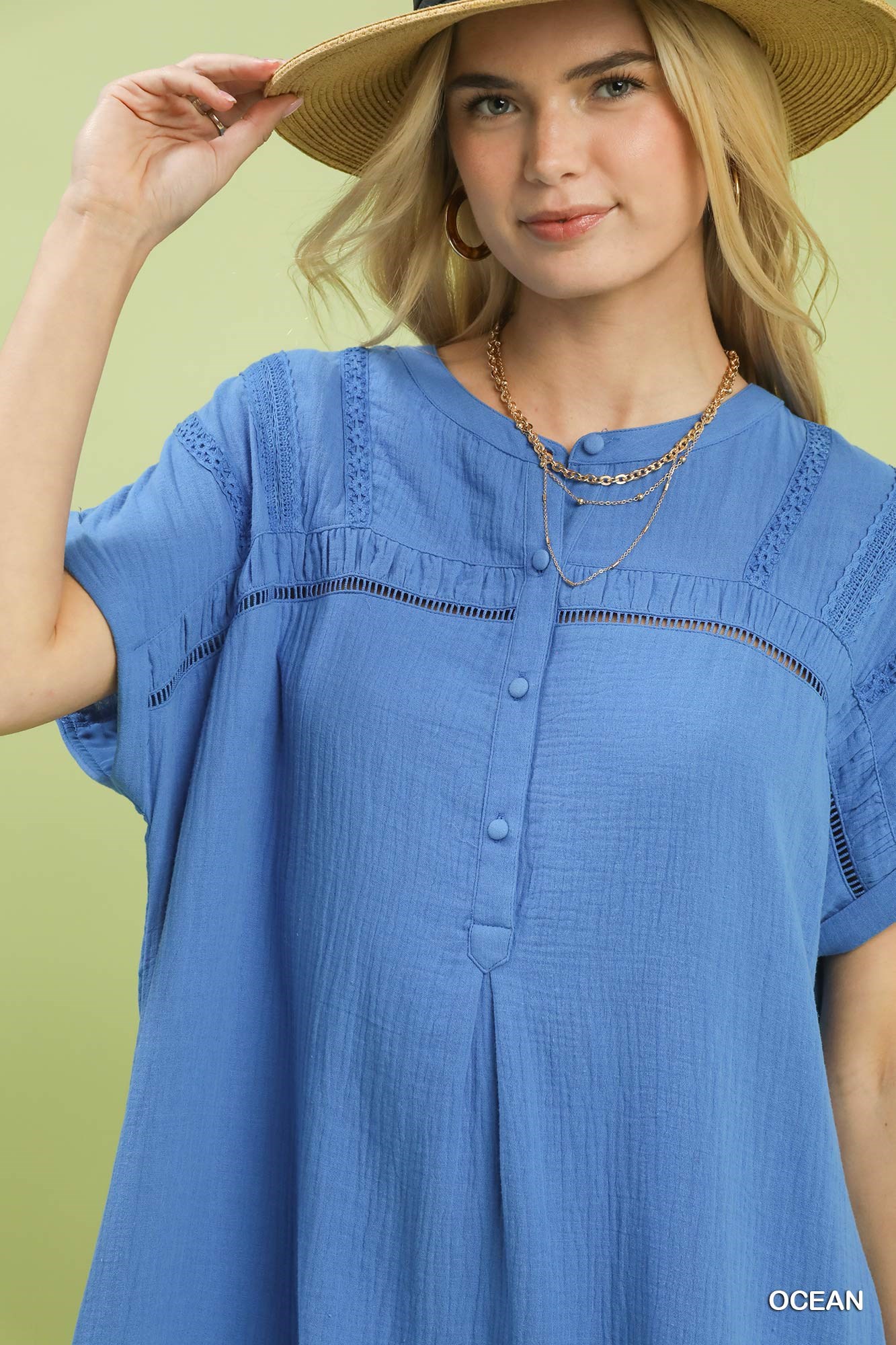 Button-Front Gauze Midi Dress with Lace Detail, image 4