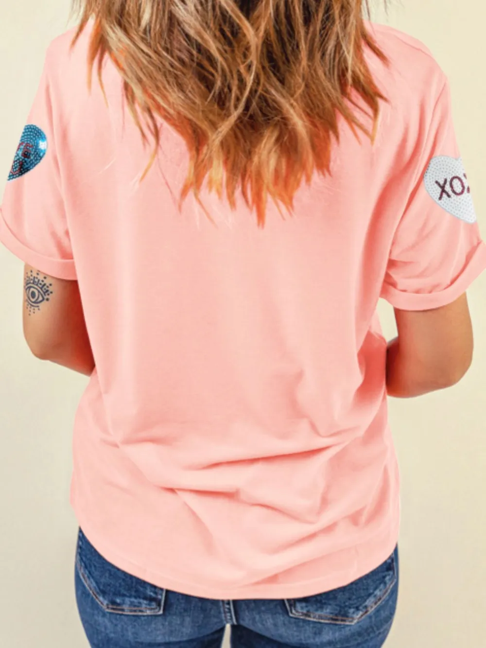 Valentine’s Day Sequin Heart Round Neck Short Sleeve T-Shirt, image 2