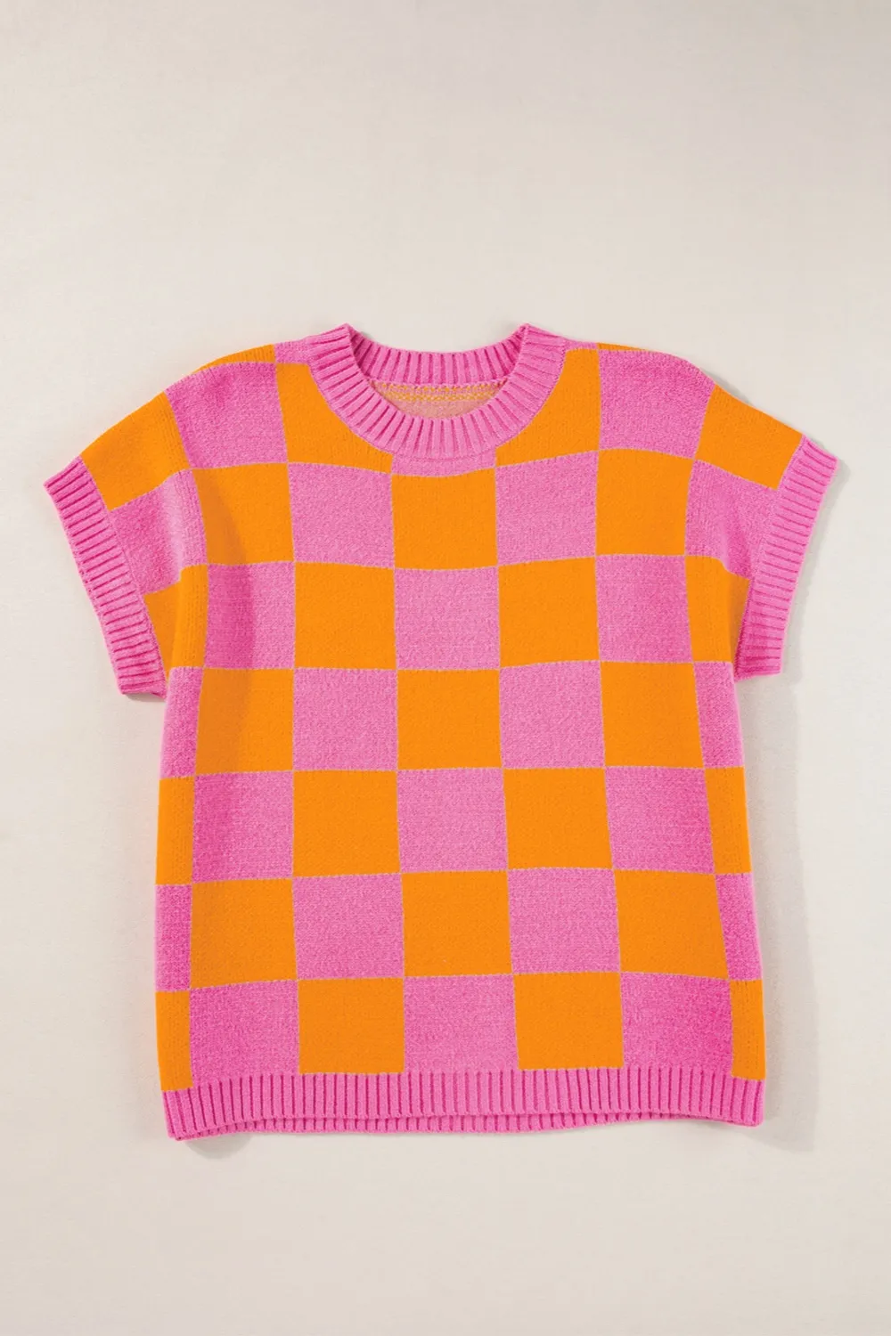 Checkered Round Neck Short Sleeve Sweater, image 5