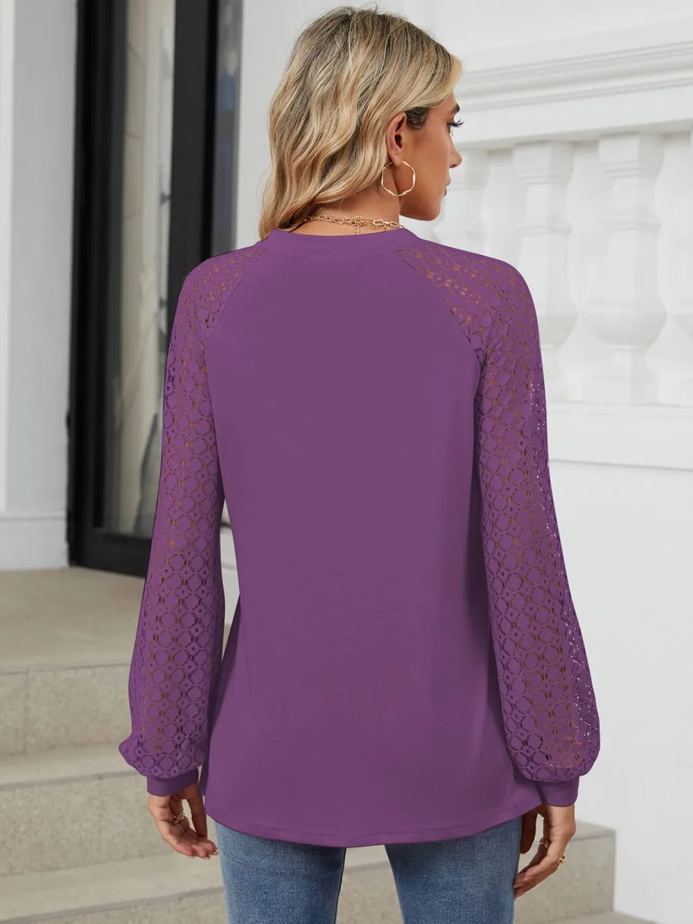 Round Neck Lace Long Sleeve Top, image 4