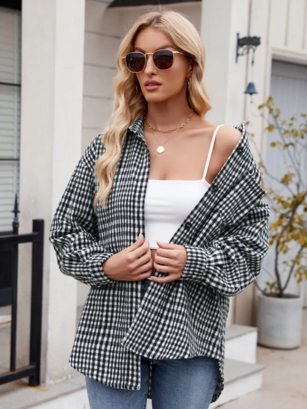 Pocketed Plaid Collared Neck Long Sleeve Shirt, image 2