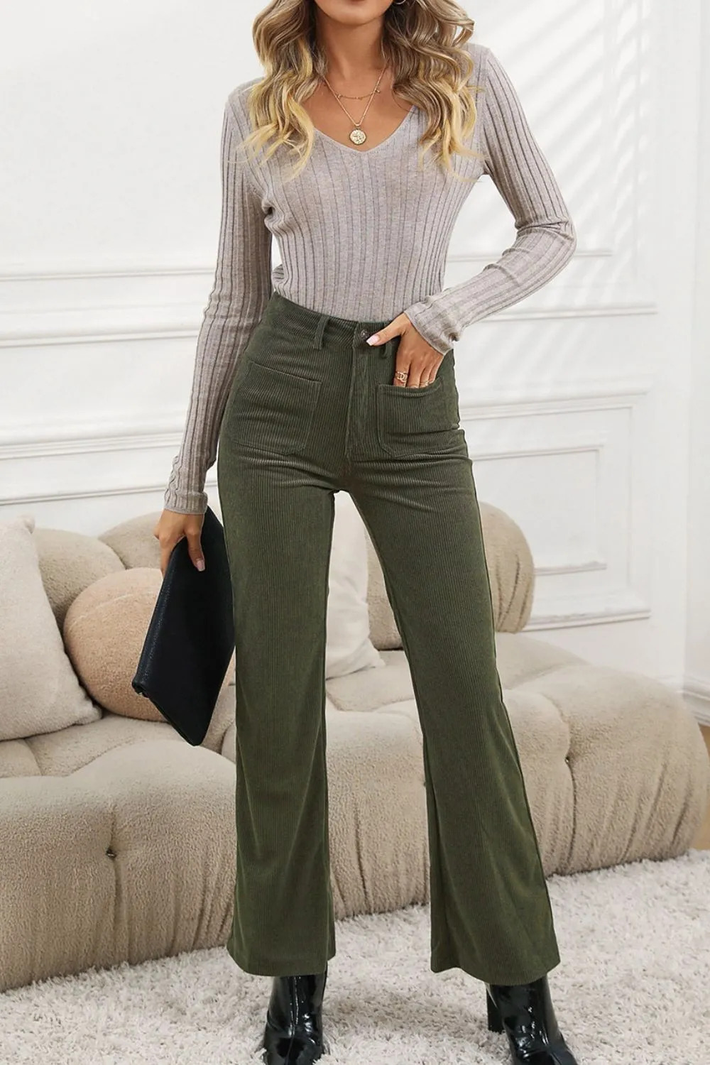 High Waist Square Pockets Corduroy Pants, image 8