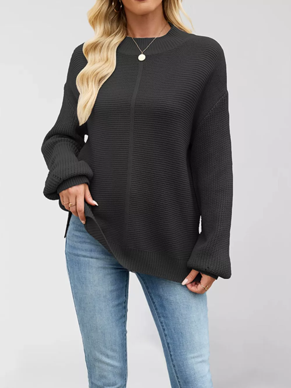 Ribbed Mock Neck Drop Shoulder Sweater, image 5