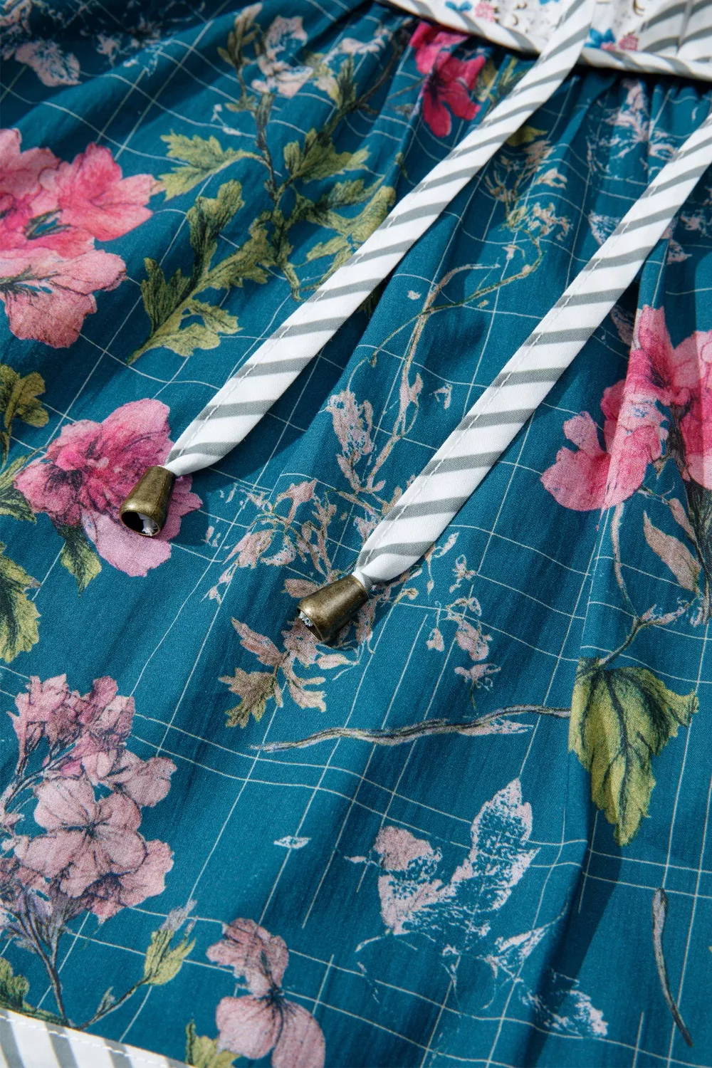 Floral Print Contrast Yoke Patchwork Striped Trim Long Puff Sleeve Blouse, image 3