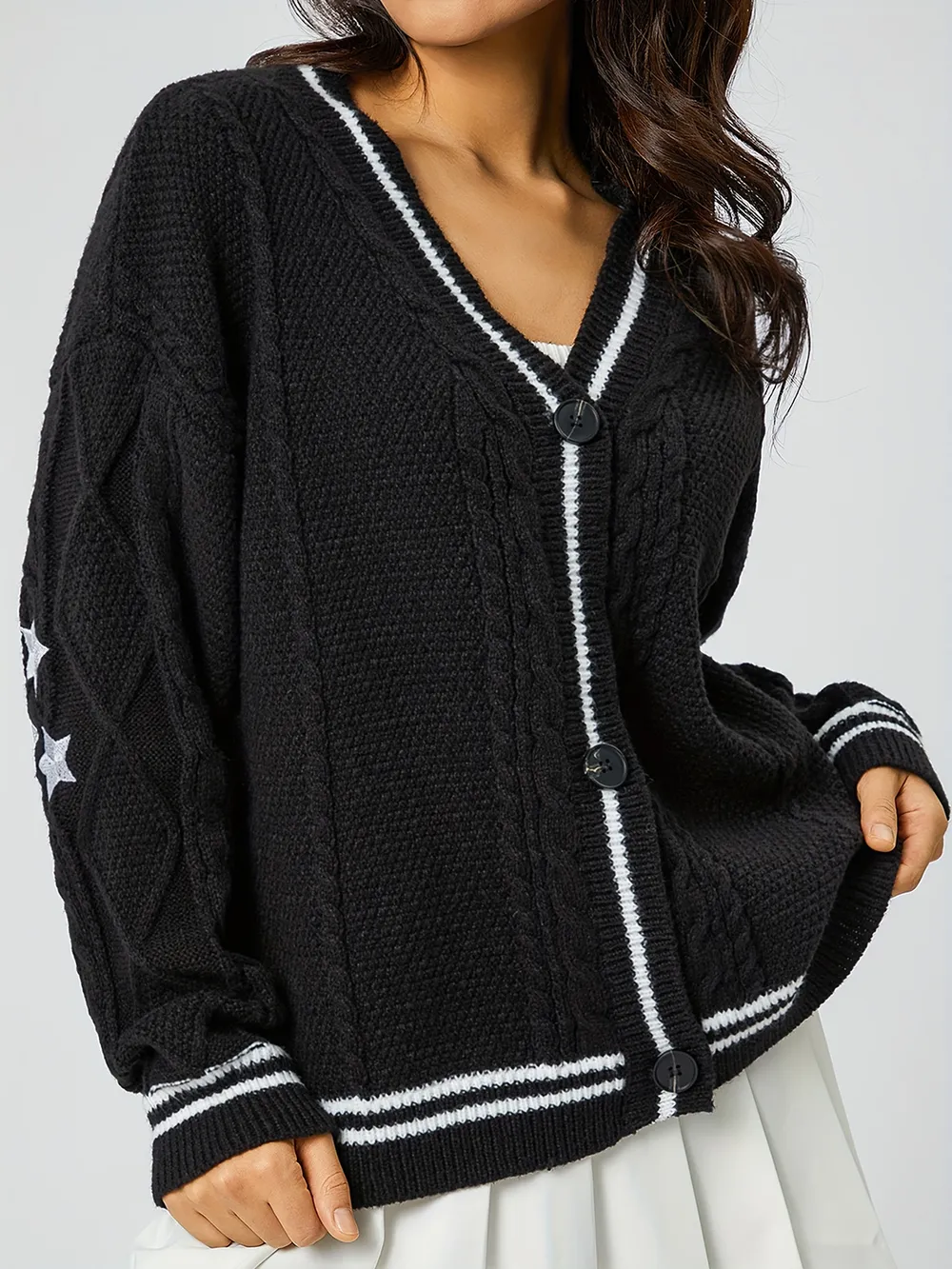 Star Embroidered V-Neck Long Sleeve Cardigan