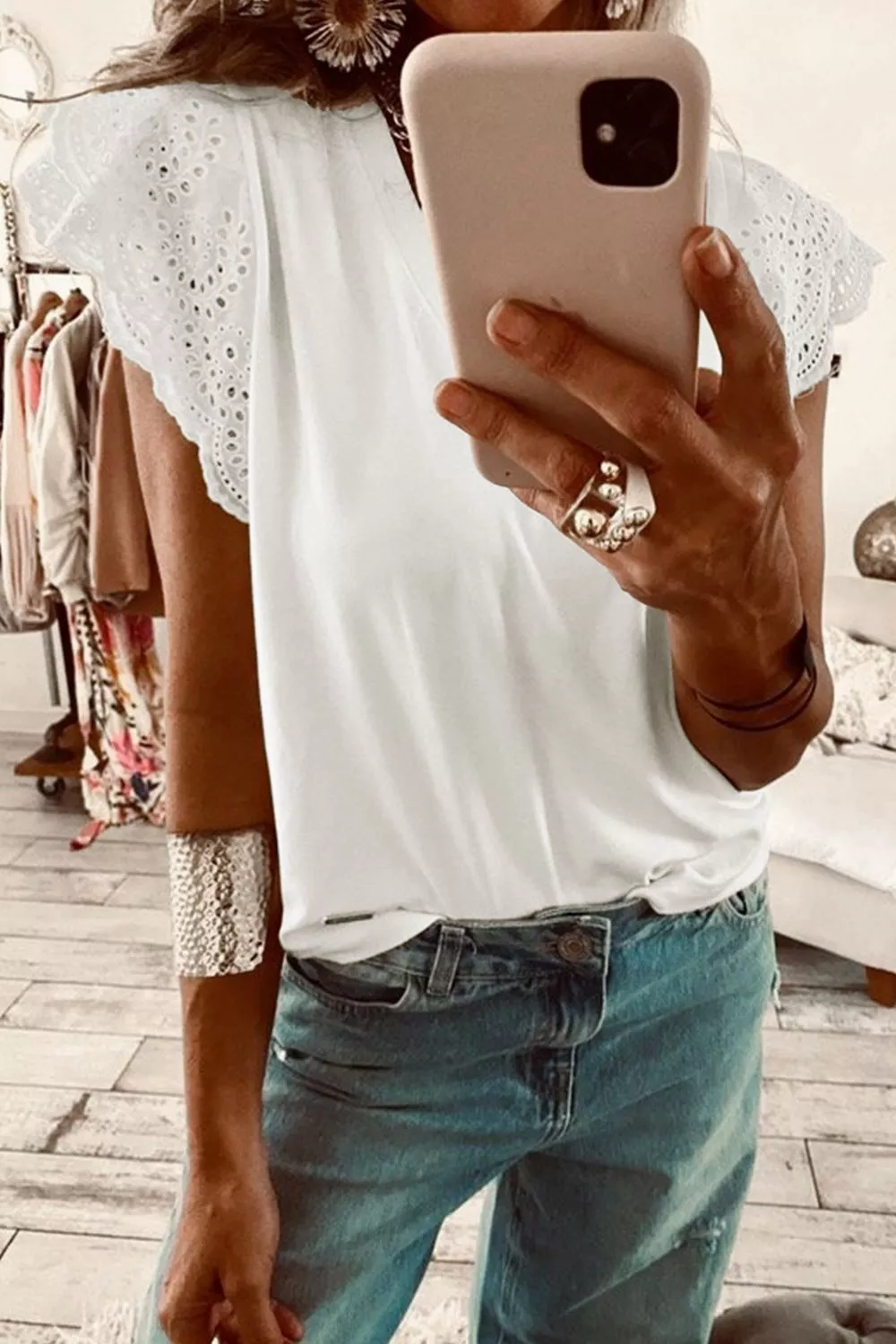Eyelet Embroidered Flutter Sleeve Patchwork V Neck Tee, image 2