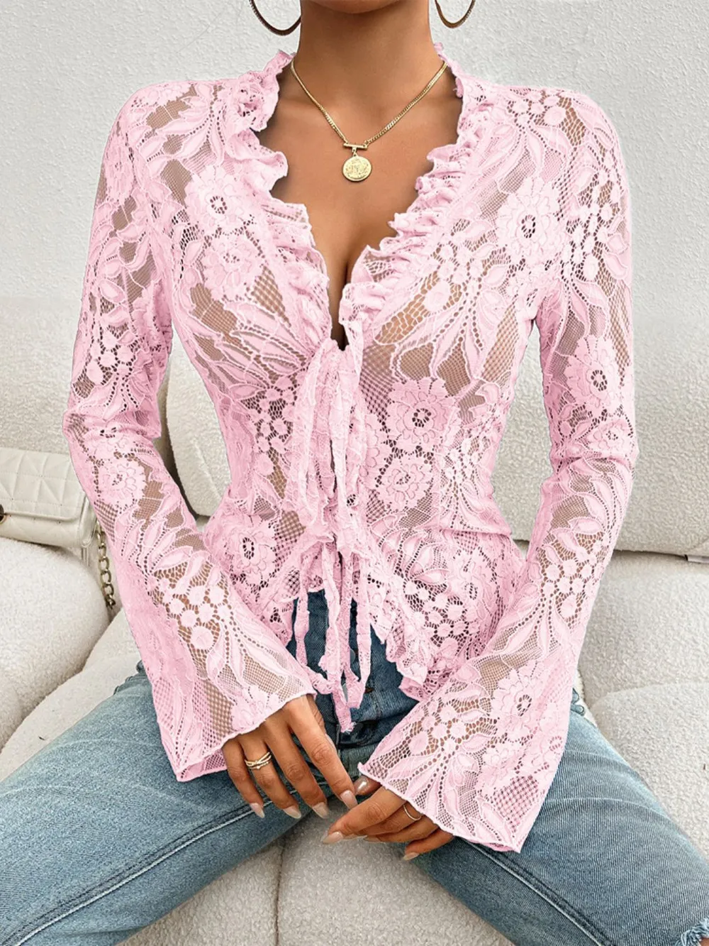 Tied V-Neck Long Sleeve Lace Top, image 7