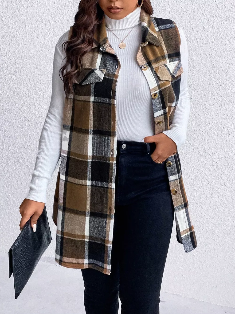 Plus Size Pocketed Plaid Button Up Vest Coat, image 8