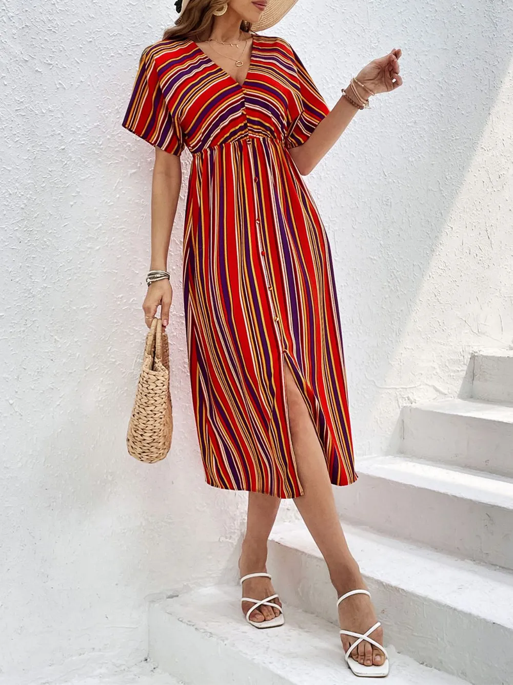 Slit Striped V-Neck Short Sleeve Midi Dress, image 2