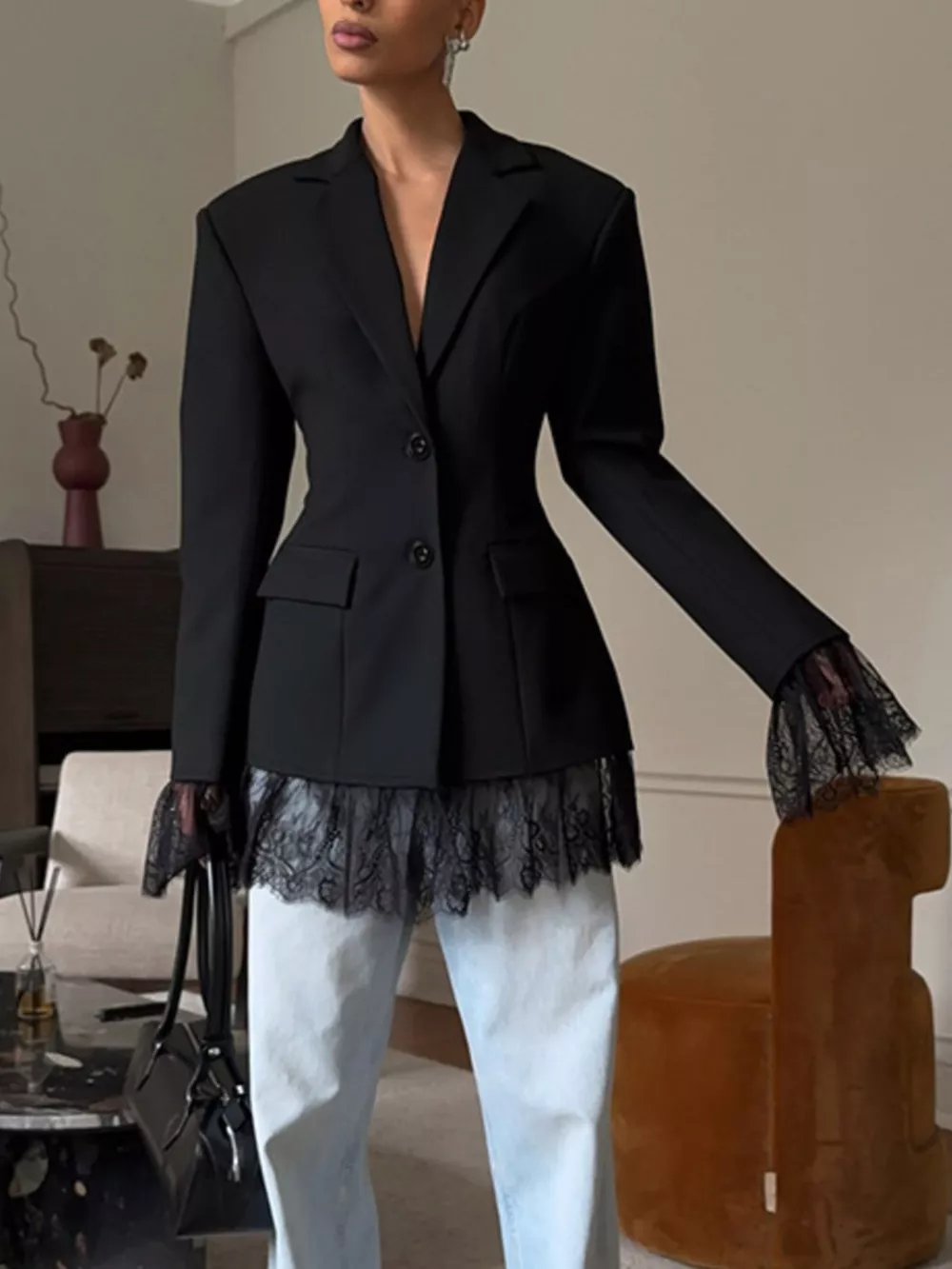 Lace Hem Lapel Collar Blazer, image 9
