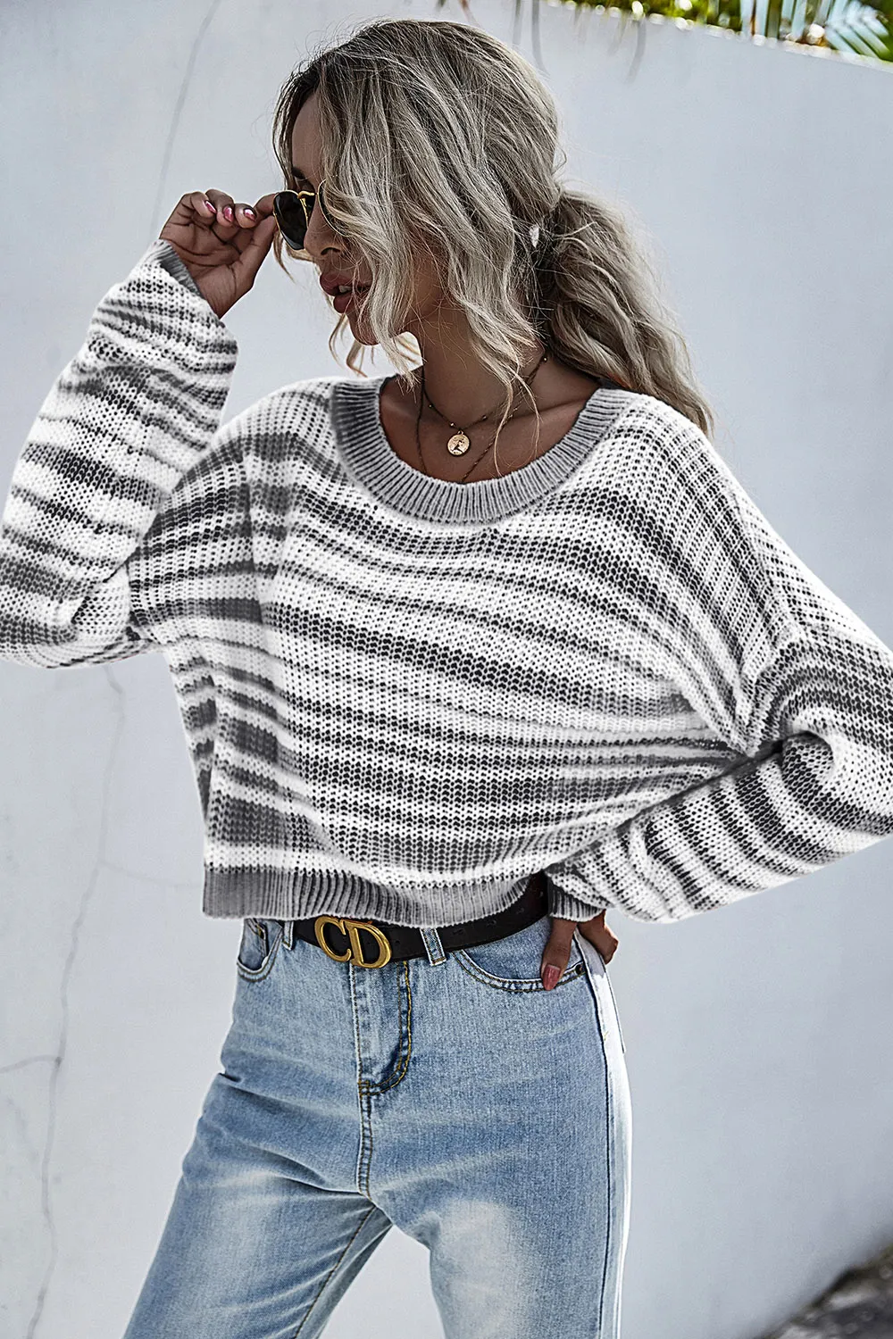 Striped Round Neck Dropped Shoulder Sweater, image 6