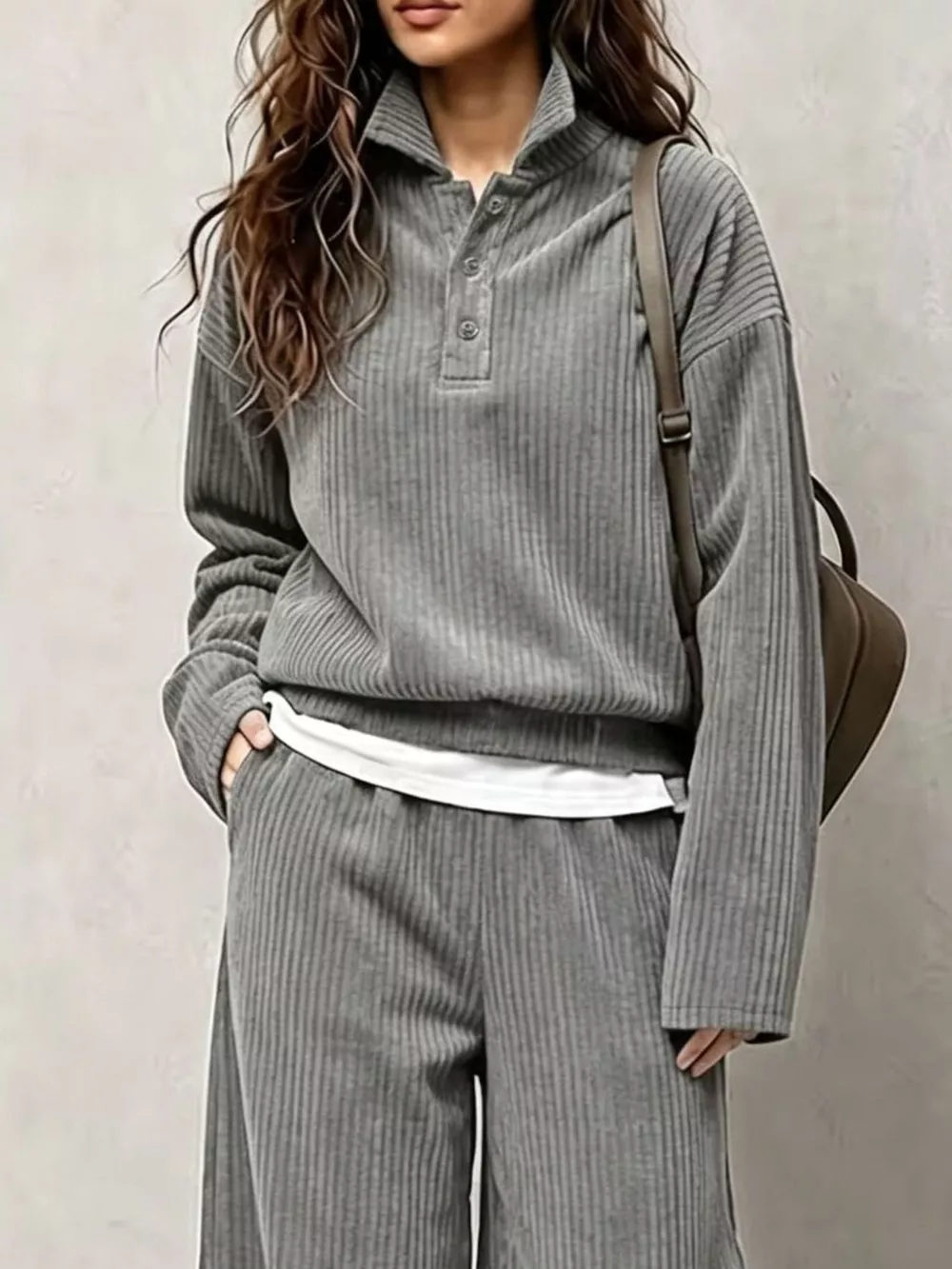 Corduroy Button Detail Top and Wide-Leg Pants Set, image 8