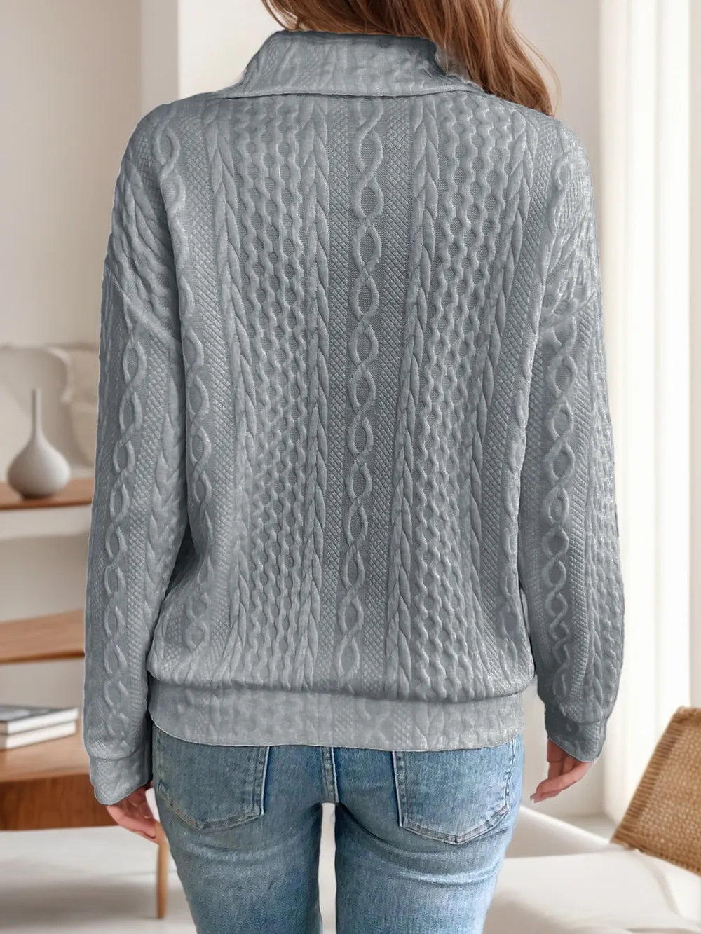 Oblique Zipper Collared Neck Long Sleeve Sweatshirt, image 8