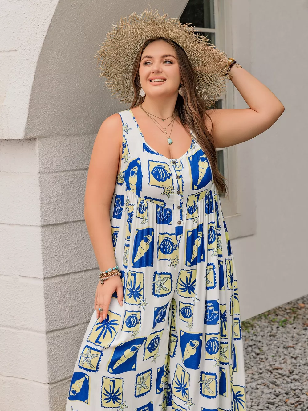 Plus Size Nautical Print Sleeveless Jumpsuit, image 3