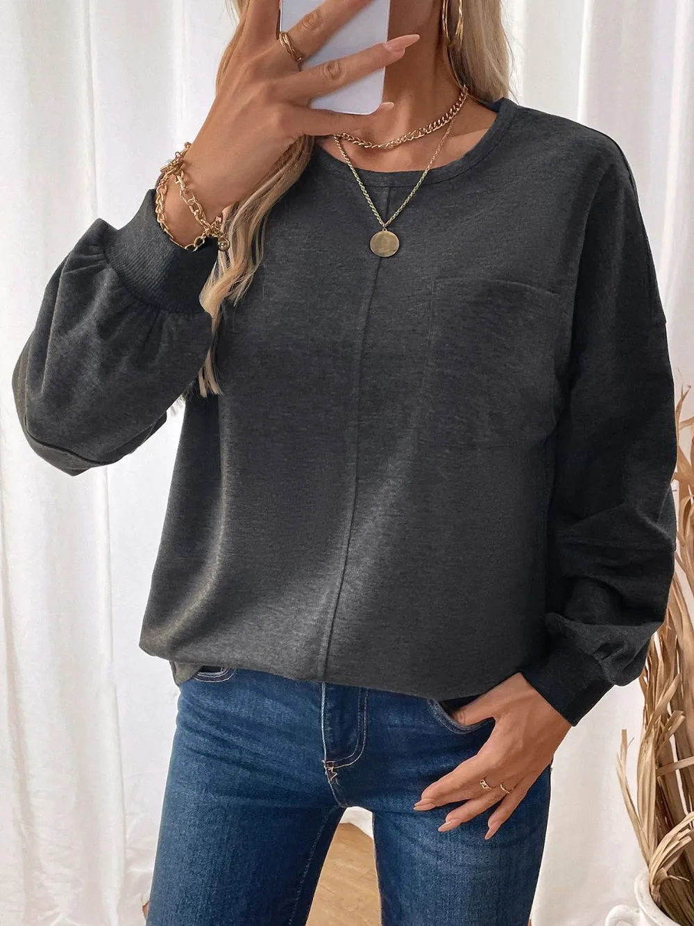 Pocketed Round Neck Long Sleeve Sweatshirt, image 3