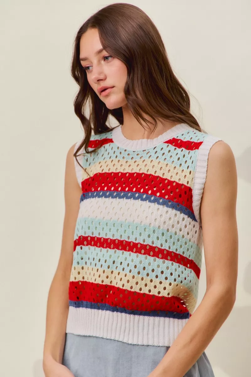 Tie Back Multi Stripe Sweater Knit Tank Top, image 7
