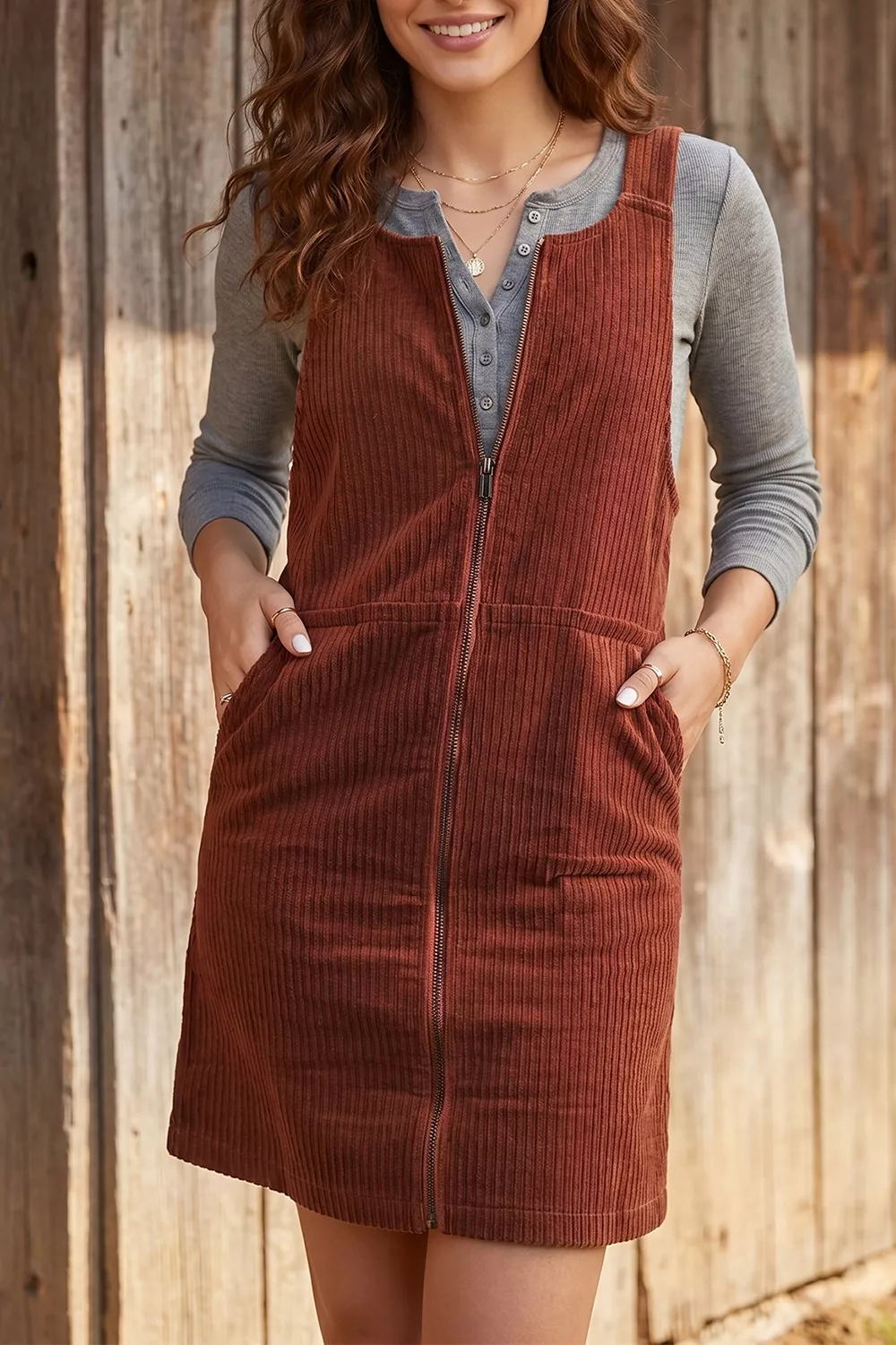 Ribbed Corduroy Zip-Up Sleeveless Pocket Sheath Dress, image 5