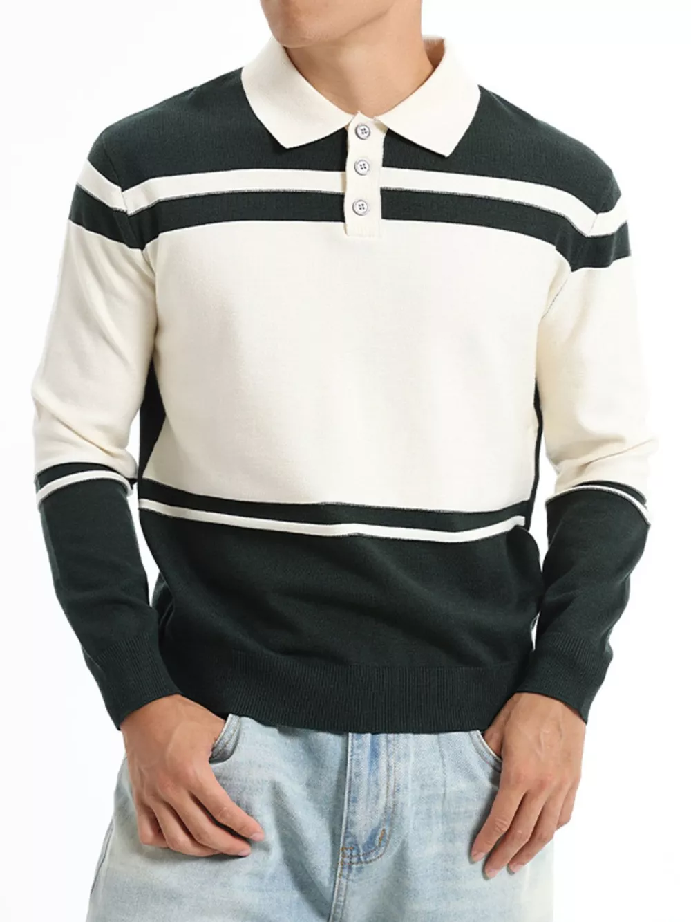 Men's Plus Size Color-Block Striped Polo Collar Sweater, image 6
