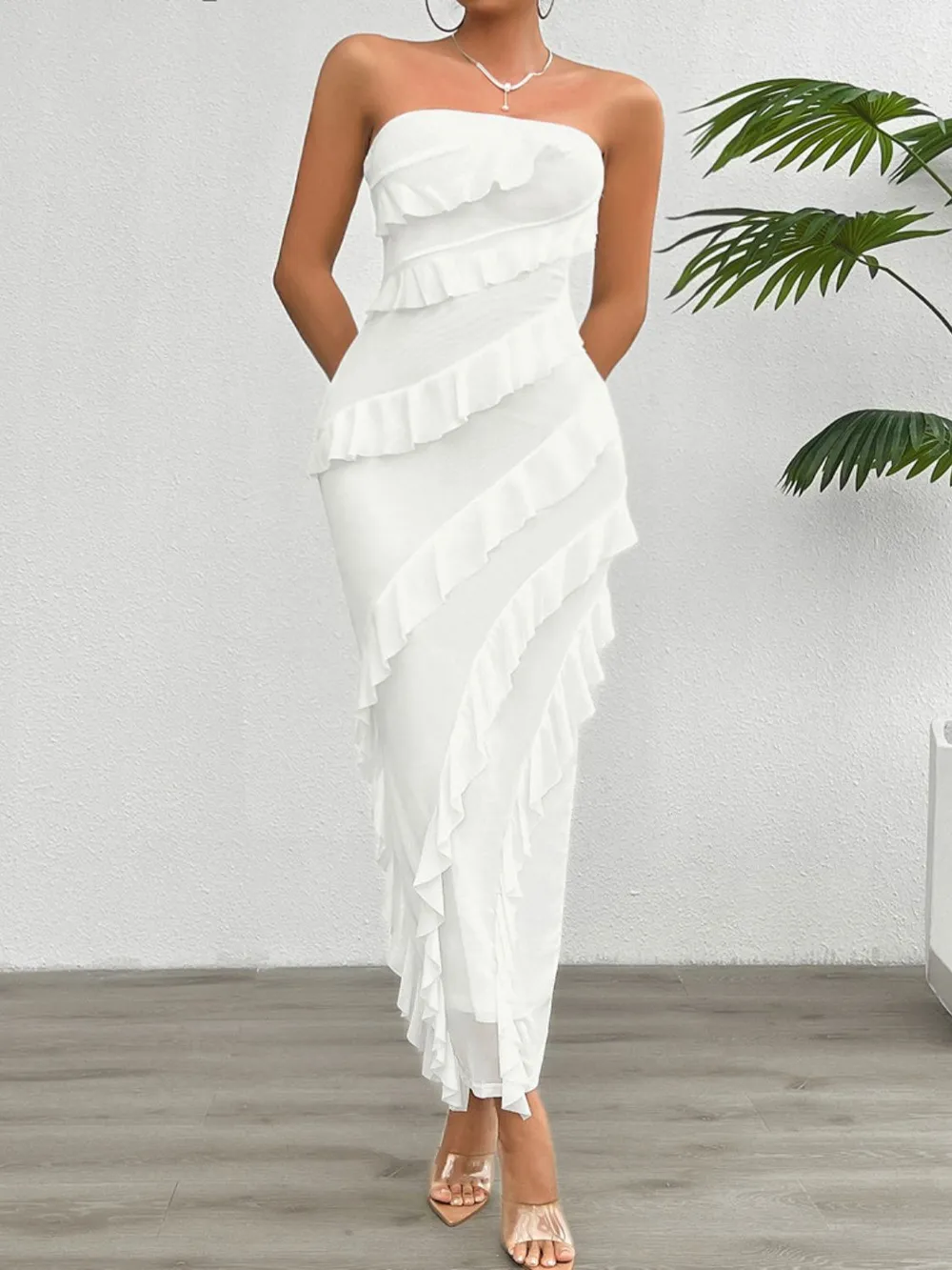 Ruffled Slit Back Tube Maxi Dress, image 4