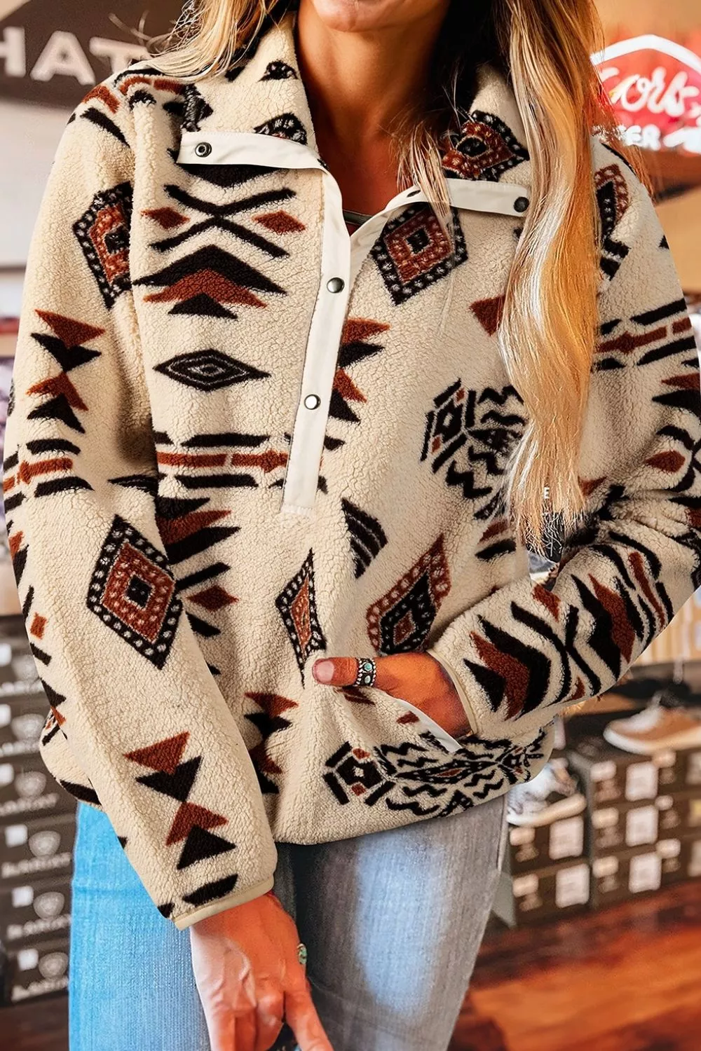 Aztec Print Fleece Snap Down Sweatshirt, image 5