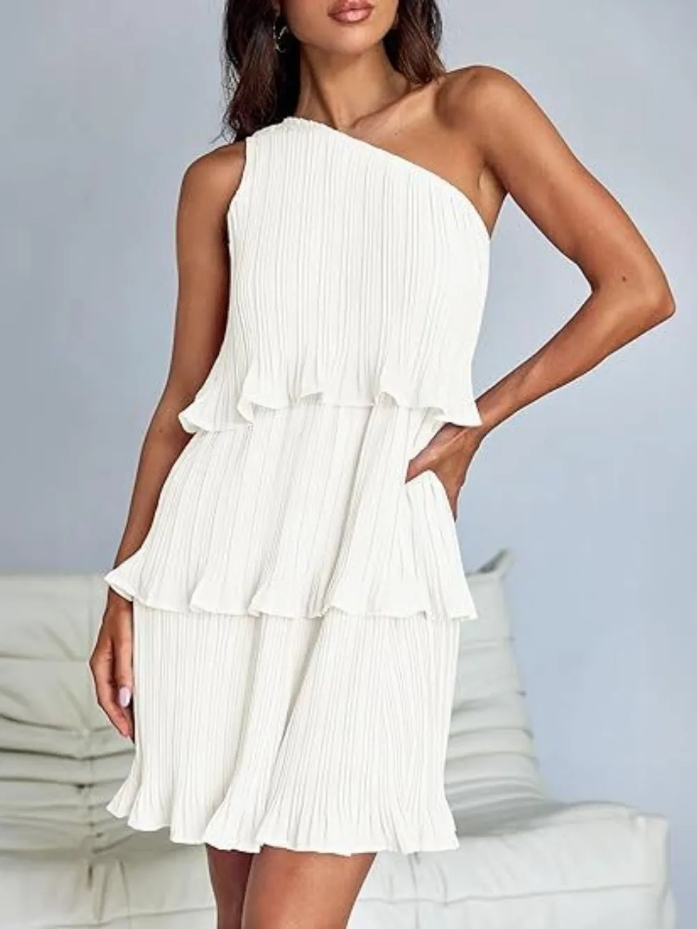 Layered Single Shoulder Mini Dress, image 14