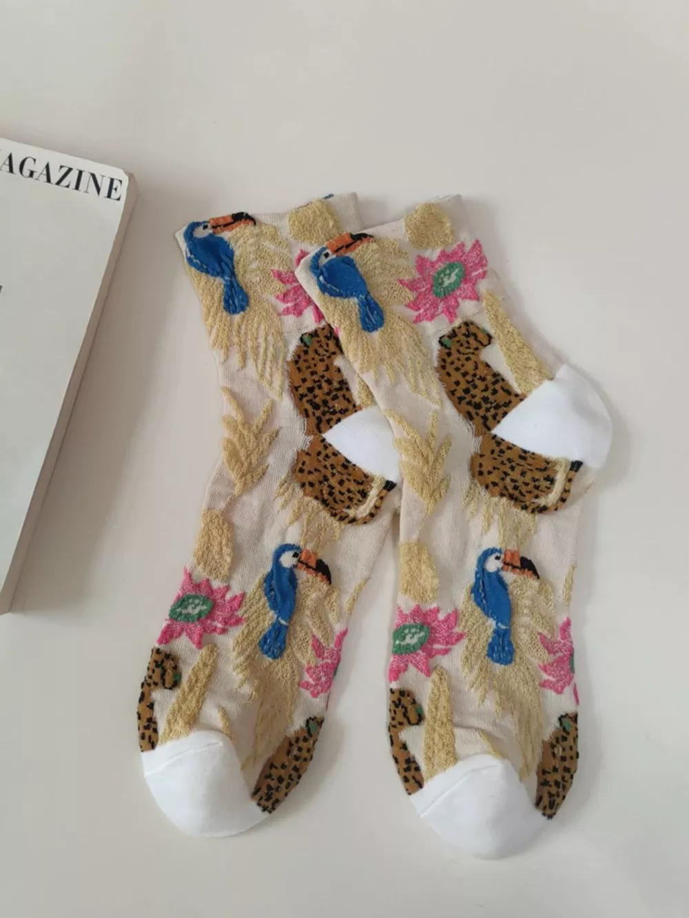 Leopard and Toucan Pattern Cotton Knit Socks, image 4