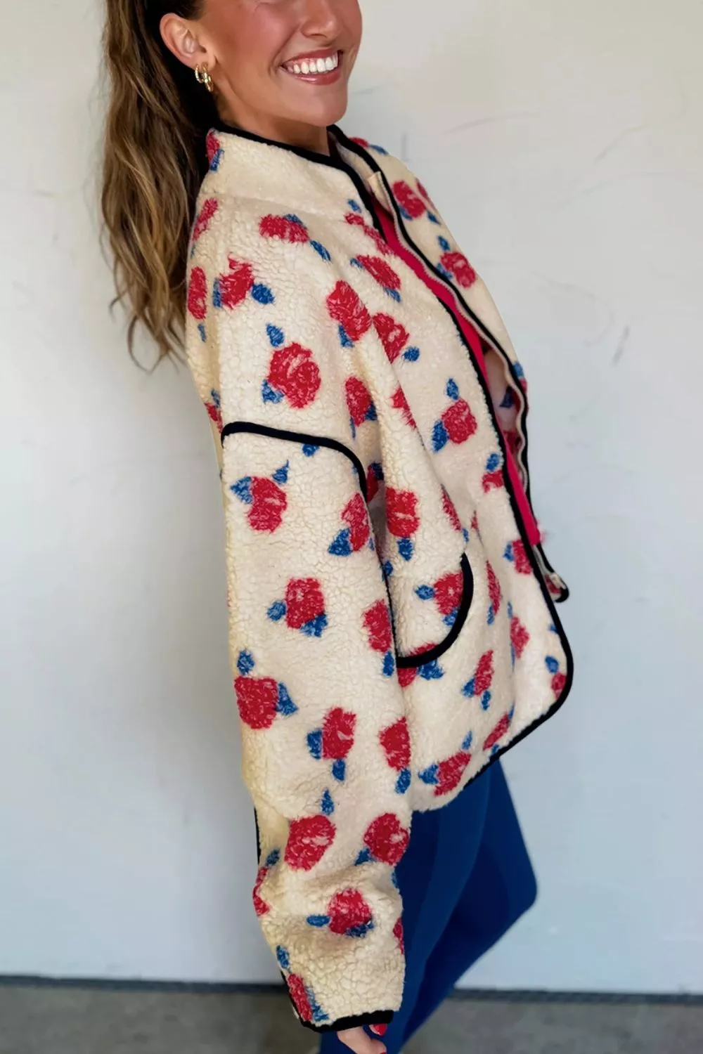Floral Print Zipper Stand Neck Outerwear Fleece Coat, image 5