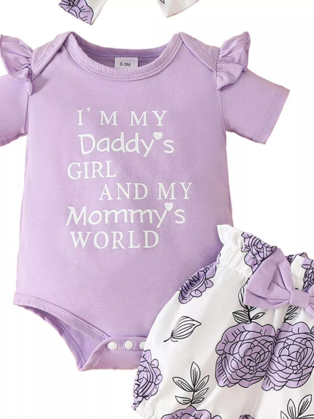 Children's Ruffled Bodysuit and Floral Shorts Set with Headband, image 11