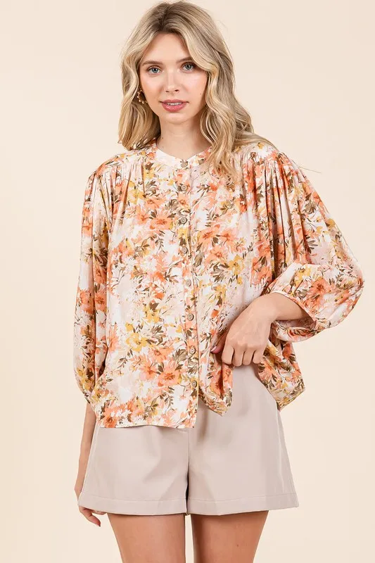Flower Print Batwing Sleeve Button Down Blouse, image 2