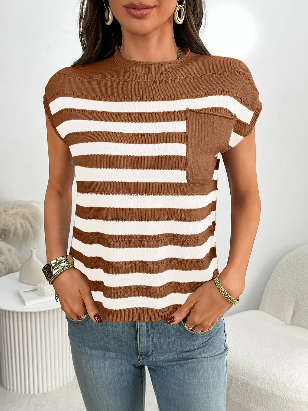 Striped Mock Neck Cap Sleeve Knit Top, image 7