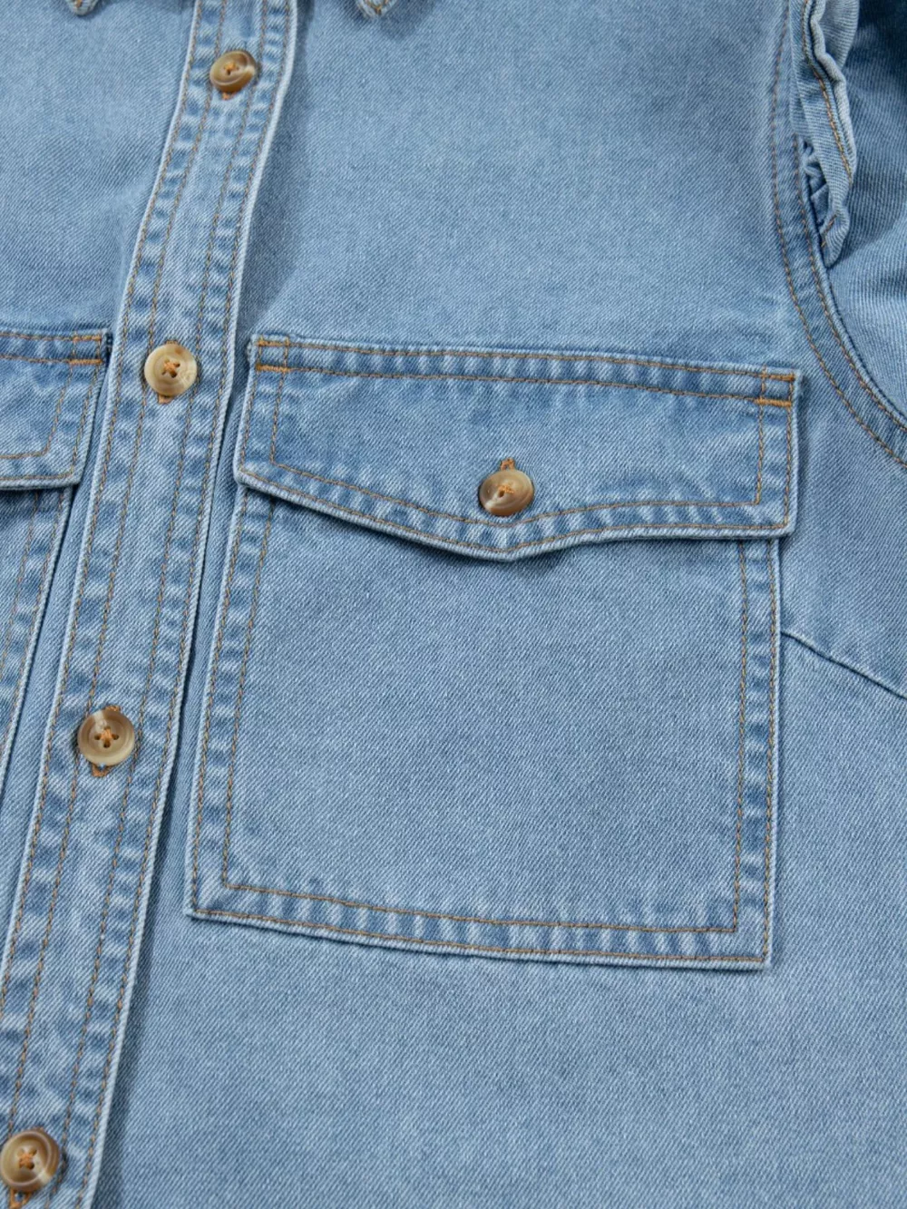 Ruffled Button-Down Denim Shirt, image 3
