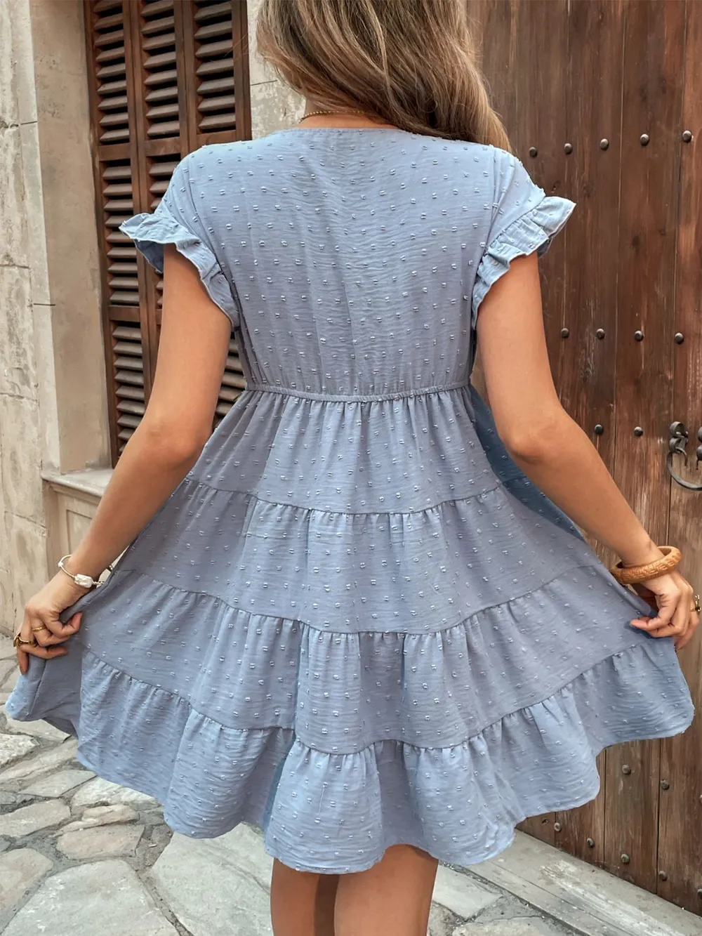 Swiss Dot Ruffled Tiered Mini Dress with Pockets, image 4