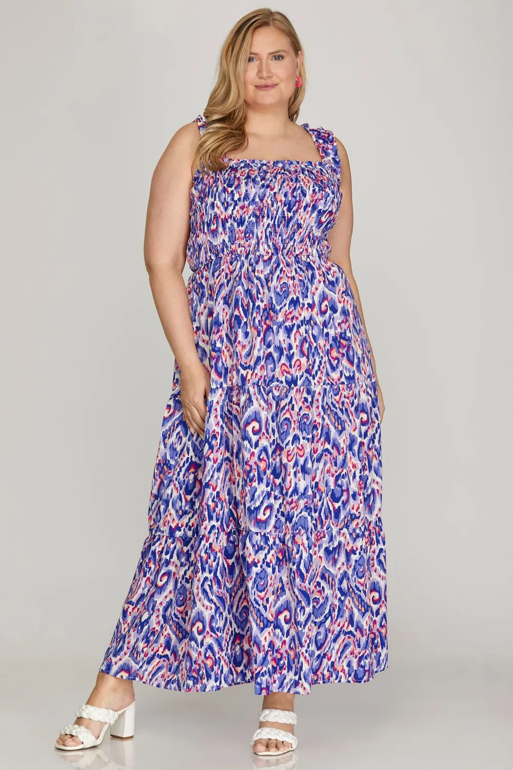 Full Size Smocked Printed Wide Strap Tiered Dress Plus Size, image 3