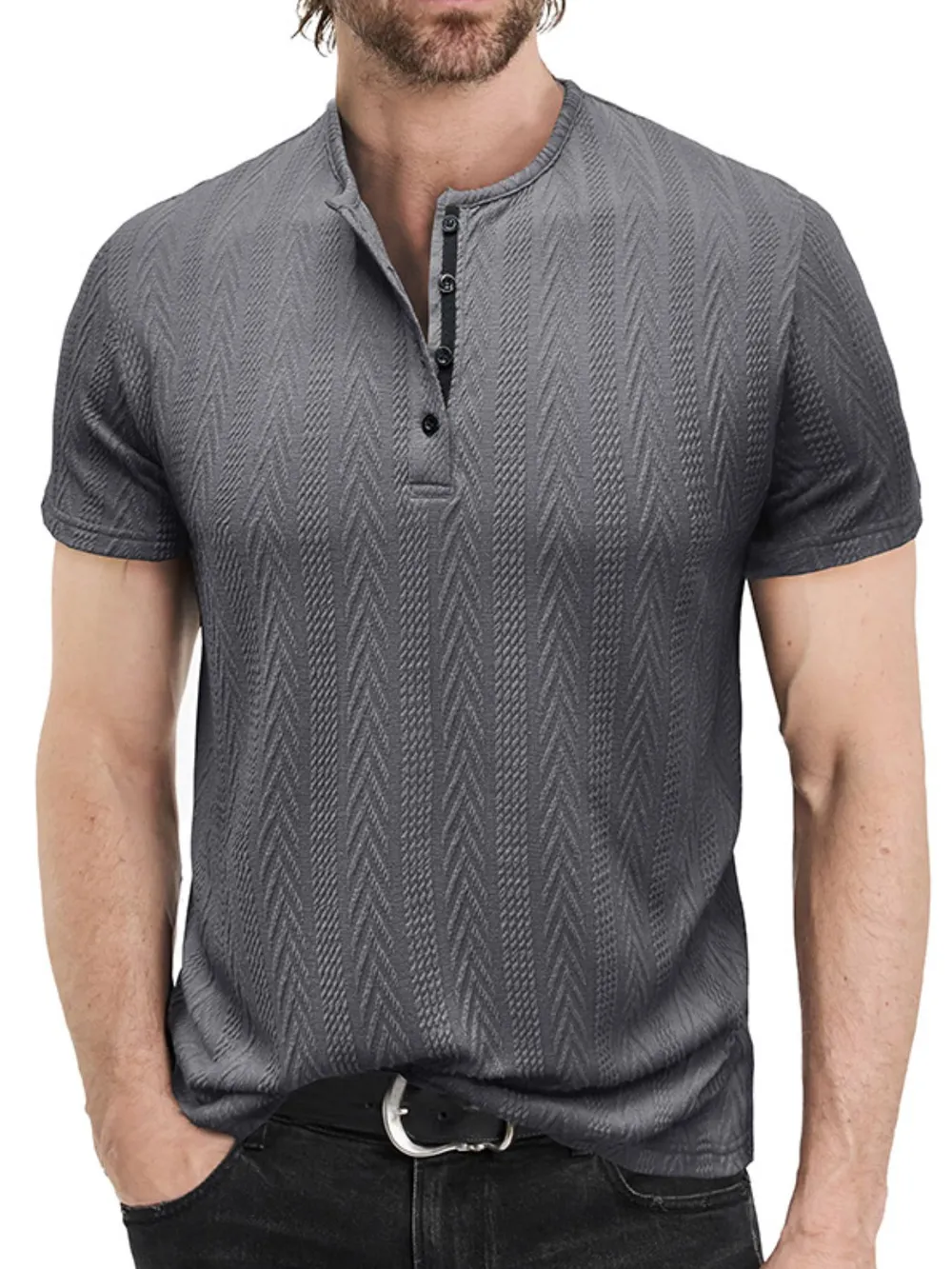 Men's Textured Chevron Pattern Henley Polo Shirt, image 6