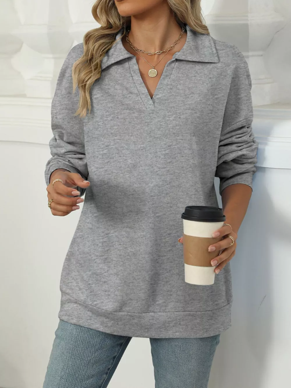 Johnny Collar Drop Shoulder Long Sleeve Sweatshirt, image 5