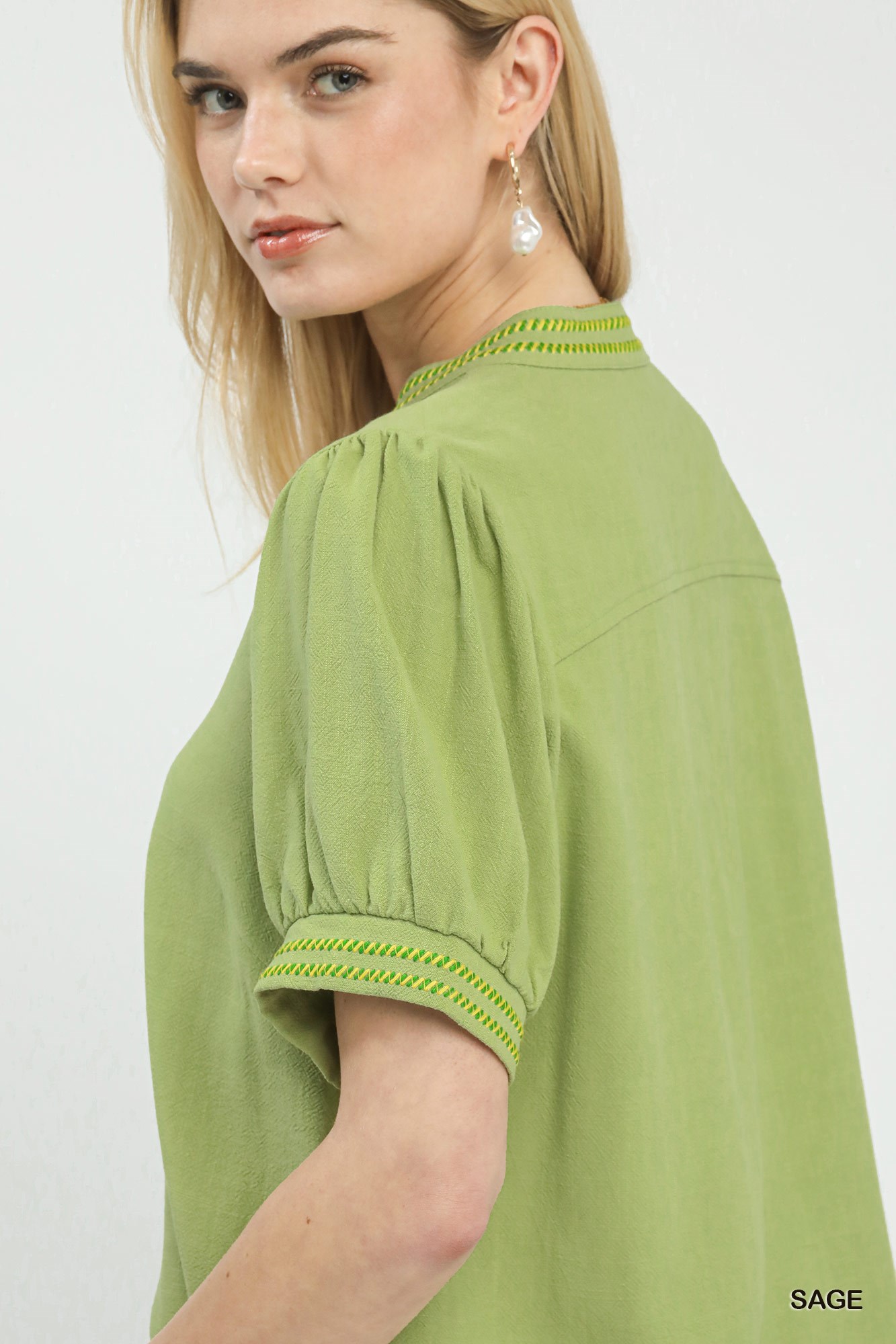 Embroidery Linen Puff Sleeve Blouse, image 4