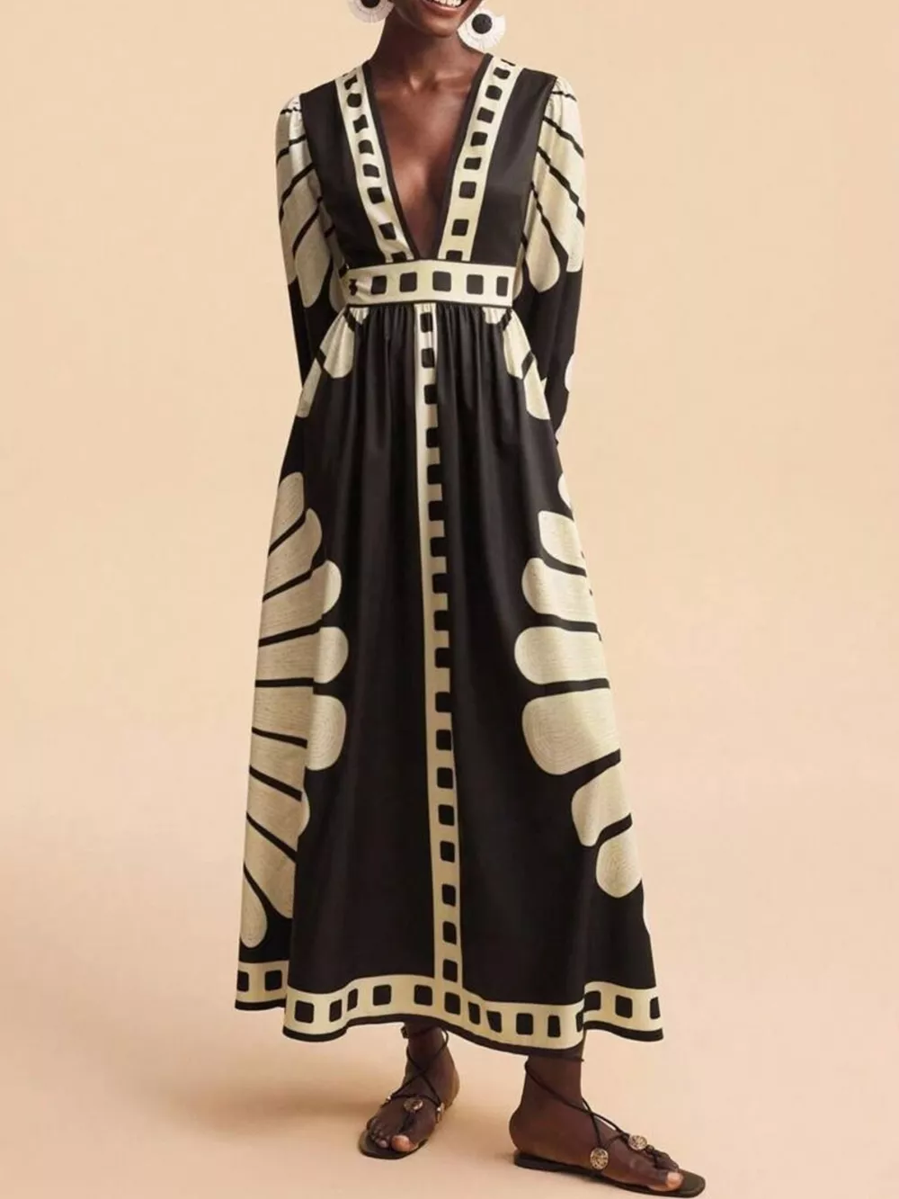 Printed Deep V-Neck Long Sleeve Dress, image 3