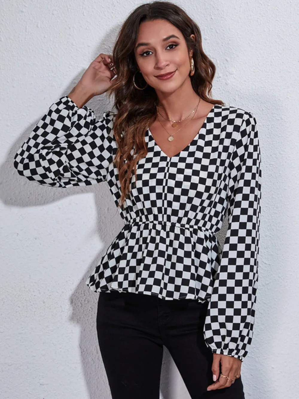 Ruched Printed V-Neck Long Sleeve Blouse, image 5