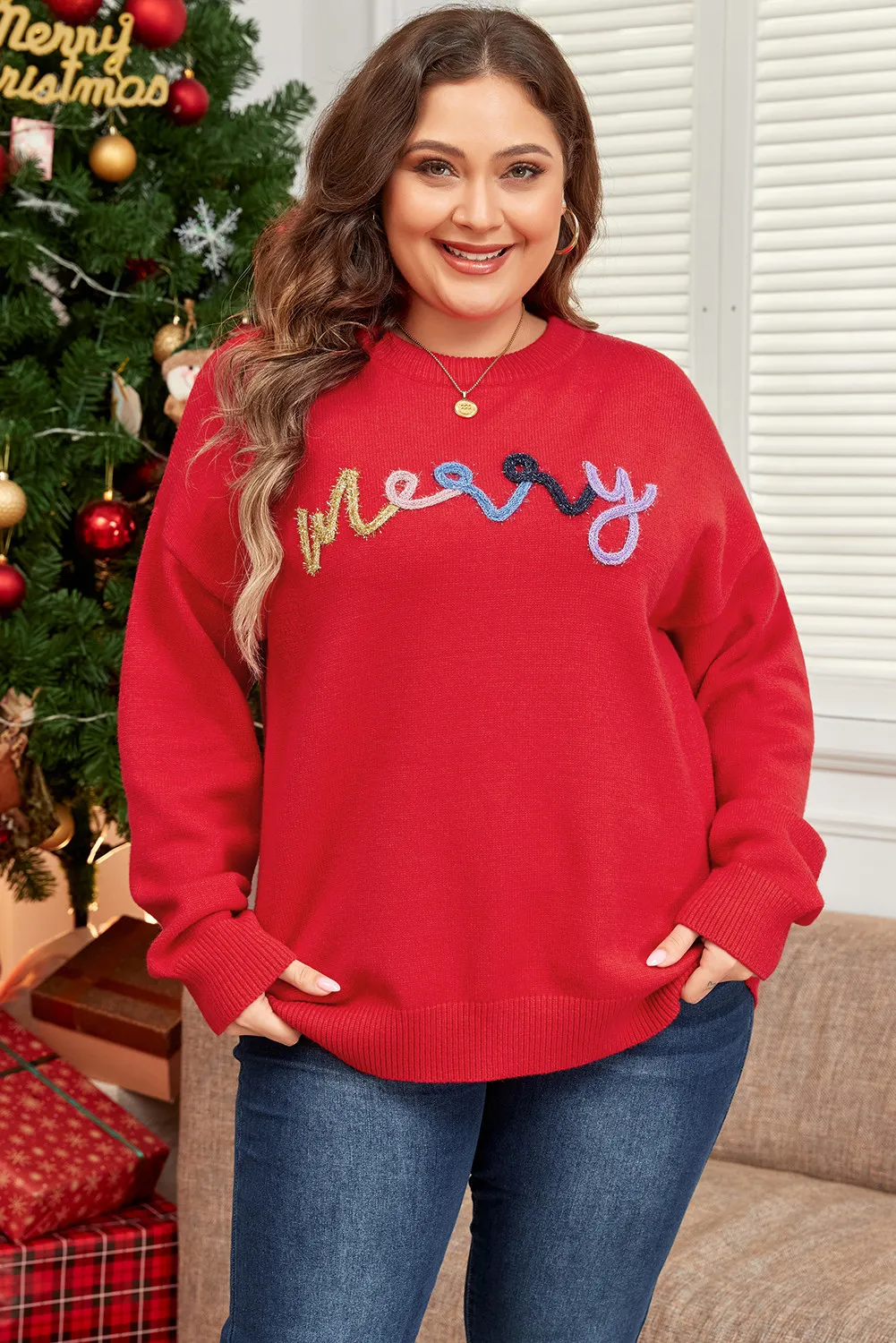 Plus Size MERRY Round Neck Long Sleeve Sweater, image 4